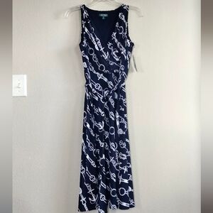 NWT Lauren Ralph Lauren Size 6P Navy and White Chain Print Dress